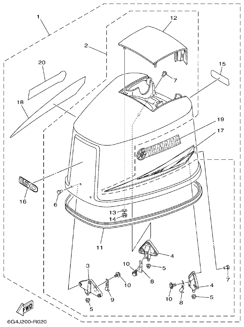 Yamaha 150AET, 200AET, L150AET, L200AET TOP COWLING parts diagram